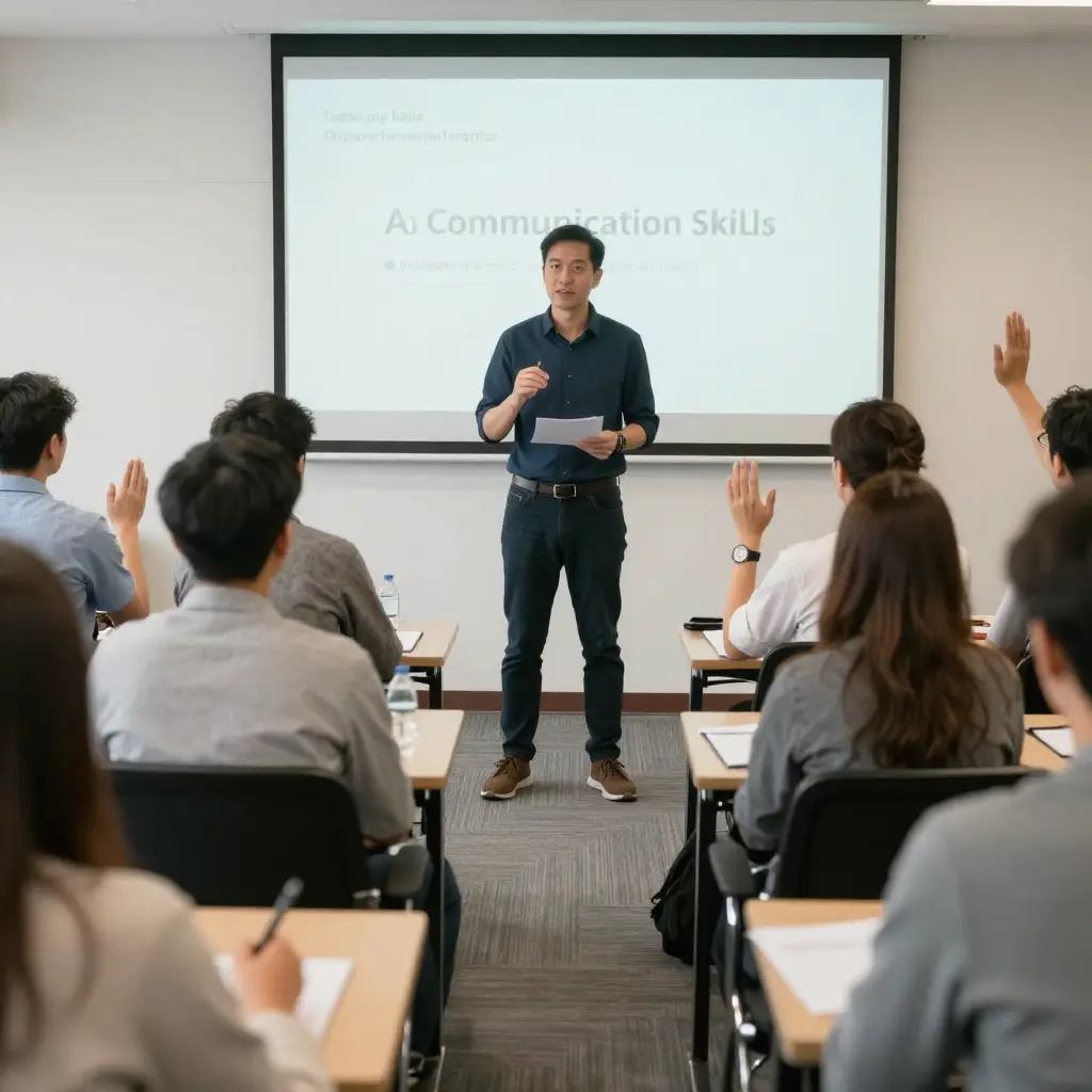 Communication skills workshop session with participants practicing dialogue and presentation techniques