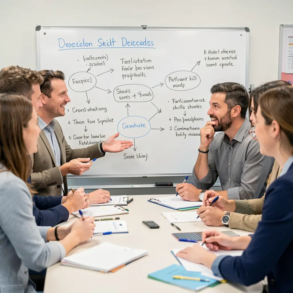 Team of communication skills facilitators collaborating on workshop design and participant development strategies